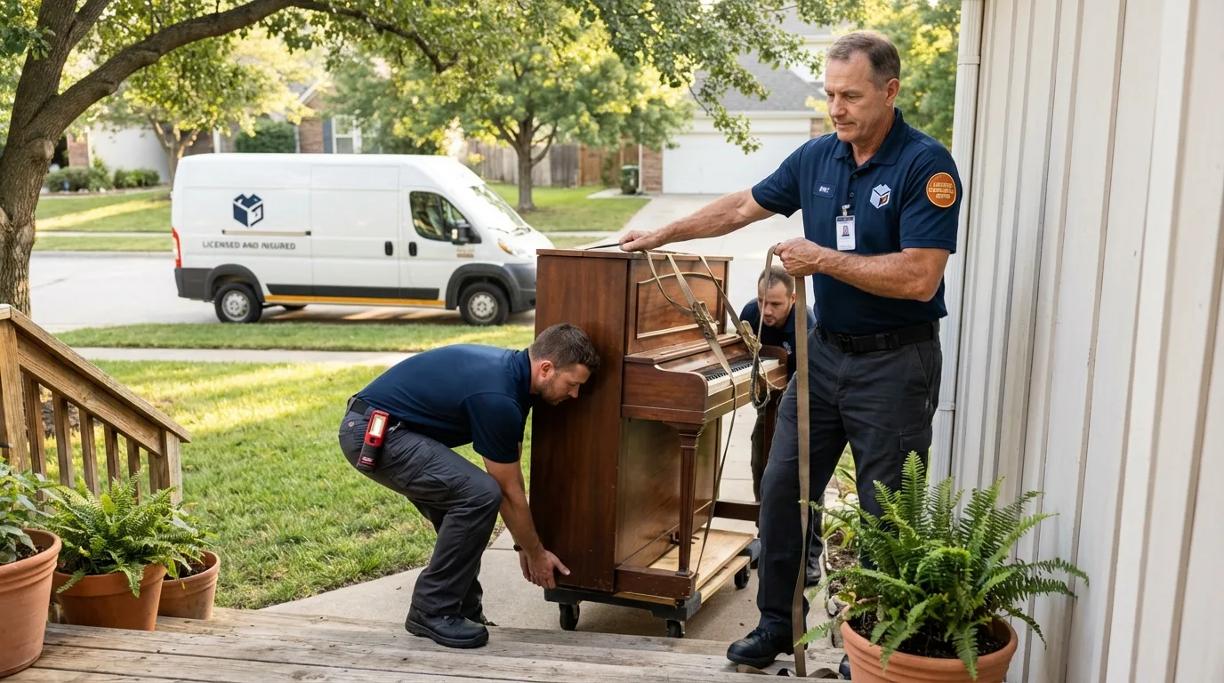 Licensed piano movers securing grand piano in Smith Center, KS