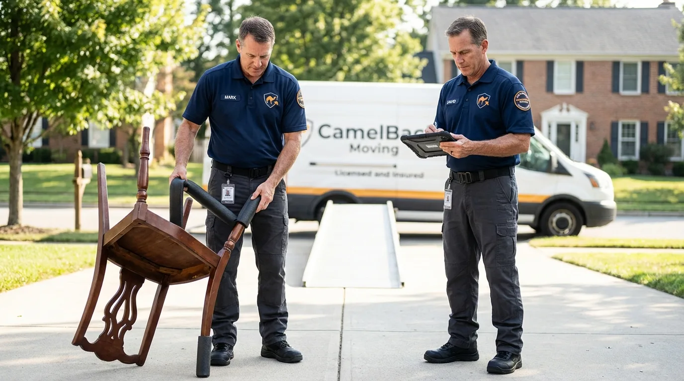 Movers inspecting furniture for damage prevention before loading in Smith Center, KS
