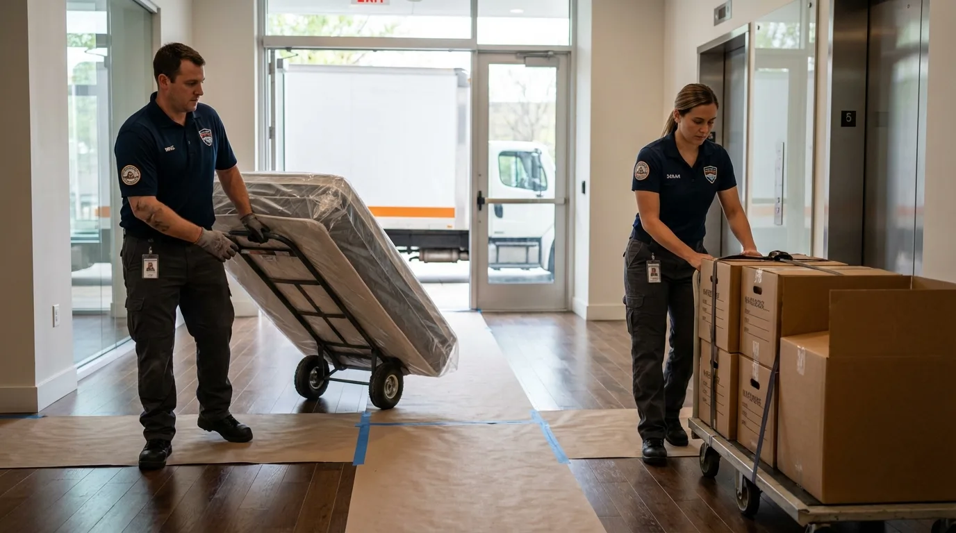 Professional apartment movers loading elevator in Smith Center, KS